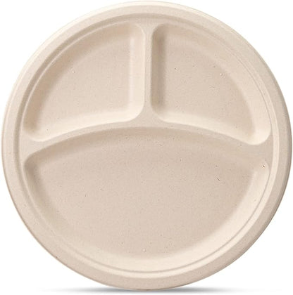 GUSTO [Case of 500 10 Inch Heavy-Duty 100% Compostable, 3 Compartment Eco-Friendly, Disposable Sugarcane Paper Plates - Brown Unbleached (Formerly Comfy Package)