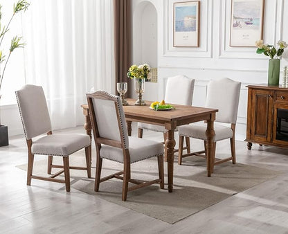 CIMOTA Mid Century Modern Dining Chairs Set of 6, Farmhouse Upholstered Dining Room Chairs Comfortable Kitchen Side Chairs with High Back/Natural Solid Wood Frame, Linen Beige