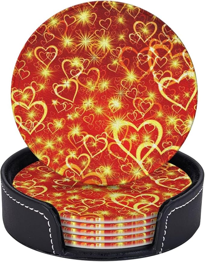 Drink Coasters with Holder Stand Set of 6, Love Heart Yellow Red Pu Leather by Unknown