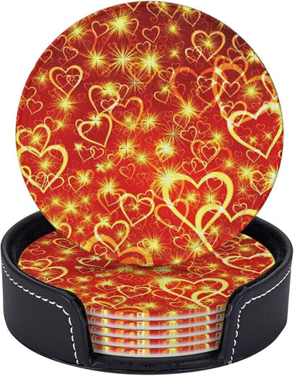 Drink Coasters with Holder Stand Set of 6, Love Heart Yellow Red Pu Leather by Unknown