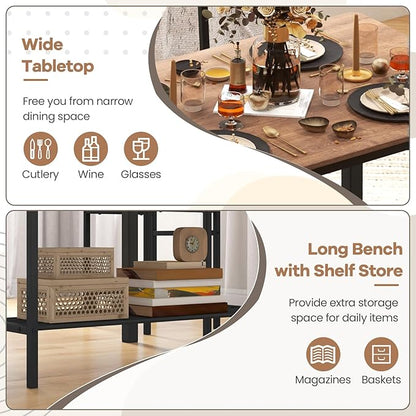 NAFORT Dining Table Set for 4 with Bench, Industrial Kitchen Table and Chairs, Rustic Brown Wood & Black Metal 4-Piece Dining Room Set for Apartment, Small Space, Kitchen, Restaurant