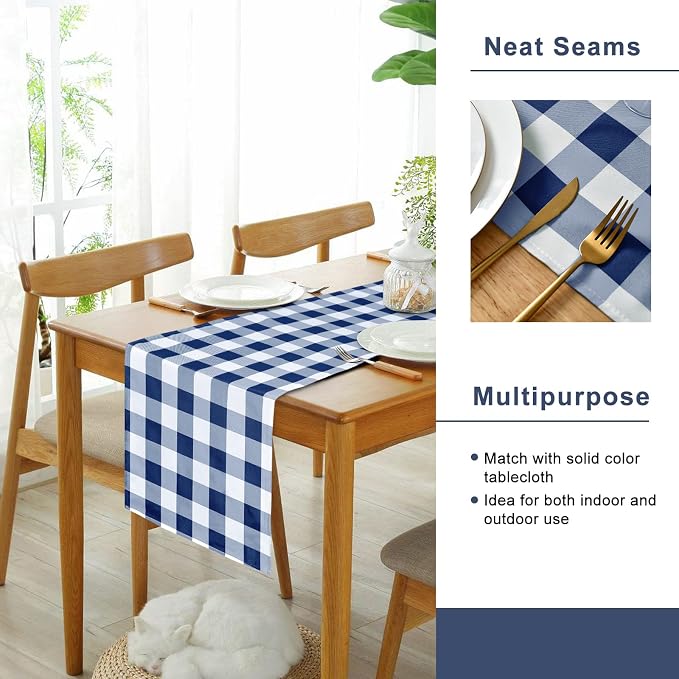 Buffalo Plaid Table Runner Navy Blue and White 14W x 60L, 1 Piece | Waterproof - Image 4
