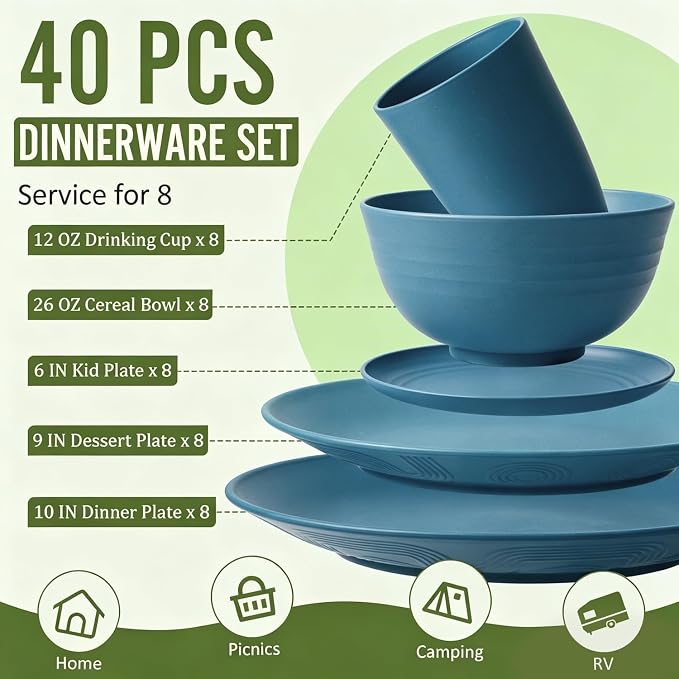 40-Piece Wheat Straw Dinnerware Sets, Unbreakable Dishes Set - Image 2