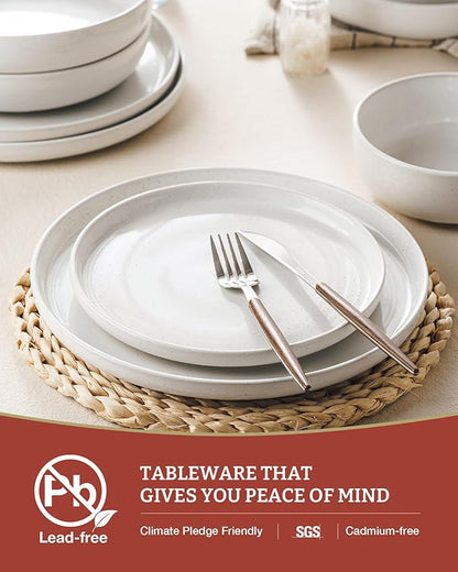 Famiware Milkyway Stoneware Dinnerware Sets with Pasta Bowls, Service for 4 (16 Pieces), Plates and Bowls Sets -Scratch Resistant, Microwave and Dishwasher Safe Dishes Set, White
