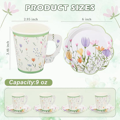 FillTouch 100 Sets Wildflower Floral Paper Tea Cups and Saucers Disposable - Image 7