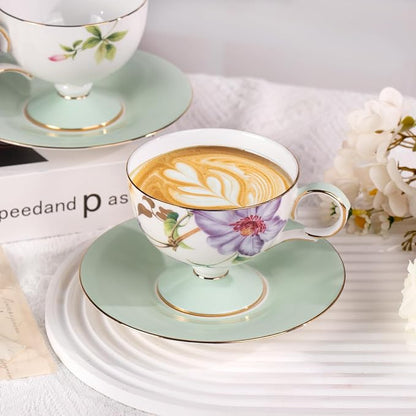 KAMMAK Tea Cups Set of 2, Ceramic Floral Pattern Demitasse Cup | Porcelain - Image 3