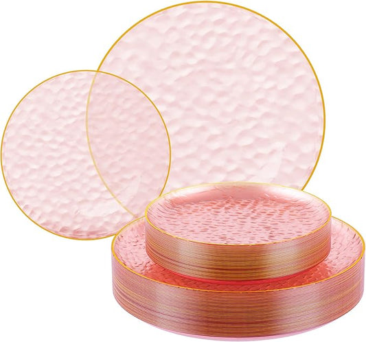 FOCUSLINE 60Pcs Clear Plastic Plates, Pink Disposable Plates with Gold Rim, 30 7" Salad Dessert Plate and 30 10" Dinner Plate Heavy-duty Hammered Plates for Party, Wedding