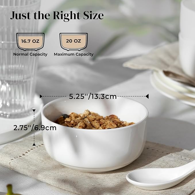 DOWAN White Ceramic Bowls Set of 6, 20 oz Ceramic Cereal Bowls, Everyday Cereal - Image 2