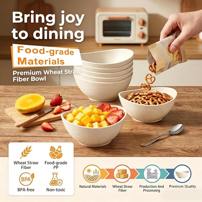 Salad Bowls 26oz, Oval Wheat Straw Bowls Sets of 6, Unbreakable Breakfast Bowls - Image 3