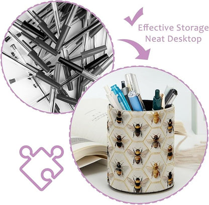 Leather Pen Holder for Desk, Honeycomb Bees Pencil Cup Pen Organizer Makeup - Image 4