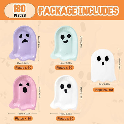 180Pcs Halloween Ghost Party Supplies Paper Plates and Napkins Serve 60 | - Image 2