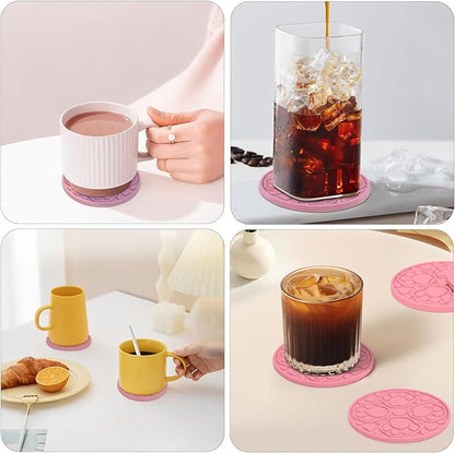 Pink Silicone Coasters Set of 6 with Holder, 4 Inches Coaster for Bar, Drinks, Beer, Coffee - Non Slip Decorative Cup Mat for Tabletop, Desk Decor - Dishwasher Safe
