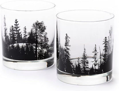 Black Lantern Whiskey Glass Set – Forest Landscape Old Fashioned Tumblers for Bourbon, Scotch & Cocktails – Nature Inspired 11oz Rocks Glasses for Home Bar & Gifts (Set of 2)