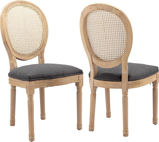 Vintage French Rattan Dining Chairs Set of 2, Solid Wood Frame with Round Rattan Back and Linen Upholstered Seat, Farmhouse Accent Sillas de Comedor Side Chairs for Dining Room & Kitchen, Gray