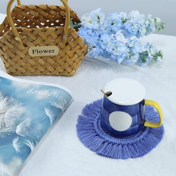 Coomin Boho Coasters for Drinks, Handmade 7.4in, 2p Light Blue | Woven - Image 3