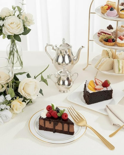 bUCLA 100Pieces Gold Plastic Plates - 6.25inch White with Gold Rim Disposable Salad/Dessert/Appetizer/Small Cake Plates Premium Hard - Ideal for Wedding, Party
