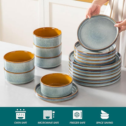 vancasso ONION Ceramic Plates and Bowls Sets, 18 Pieces Light Blue Dinnerware - Image 4