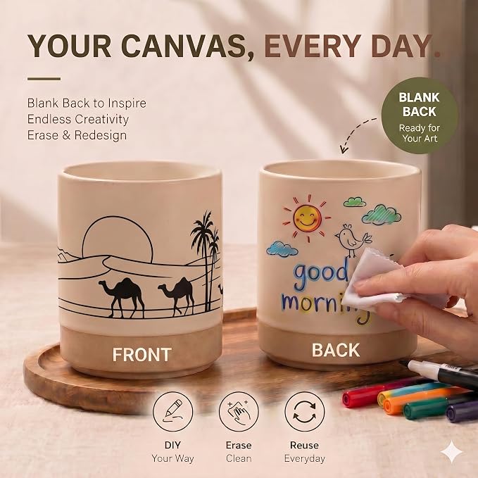 Ceramic Coffee Mug Set with DIY Canvas, 8oz Desert Sunset Camel Pottery Cup - Image 4