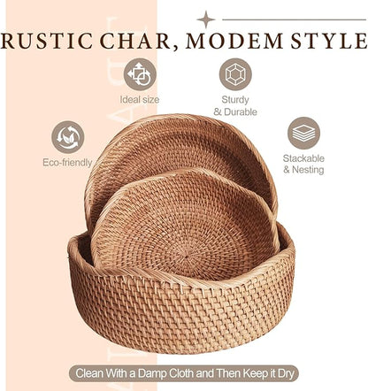 11.2" Large Wave Rattan Bread Basket for Fruit, Natural Wicker Fruit Basket for Kitchen Counter, Hand Woven Food Baskets, Bread Baskets for Serving, Fruit, Vegetable, Candy, Nuts, Keys, Wallets, Etc.