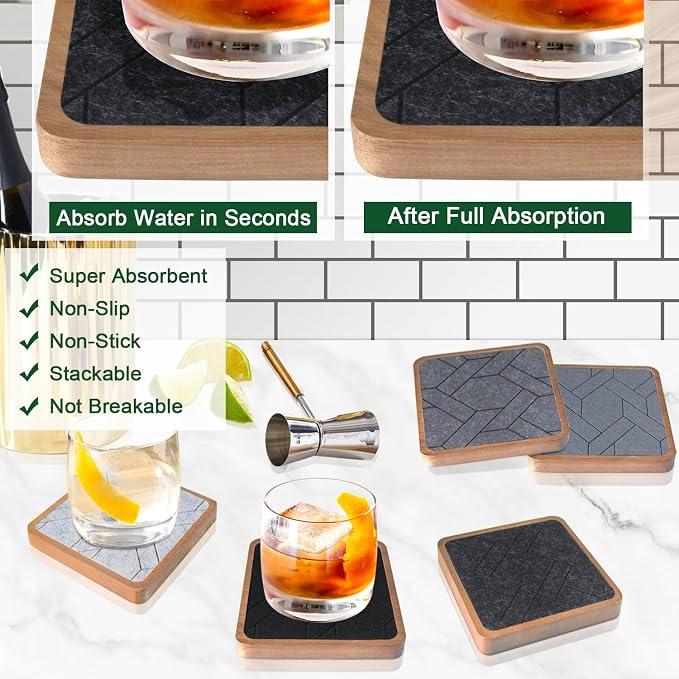 5 Pack Coasters for Drinks Absorbent, EDEGG Square Wood Coasters - Image 2