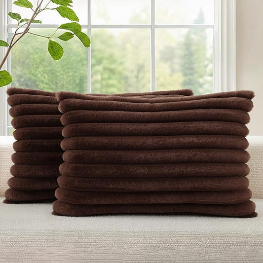 decorUhome Cozy Faux Fur Throw Pillow Covers 12x20 Set of 2 Decorative Soft Plush Striped Lumbar Modern Farmhouse Boho Couch Pillow Cases with Velvet Back for Sofa Bed Living Room, Dark Brown