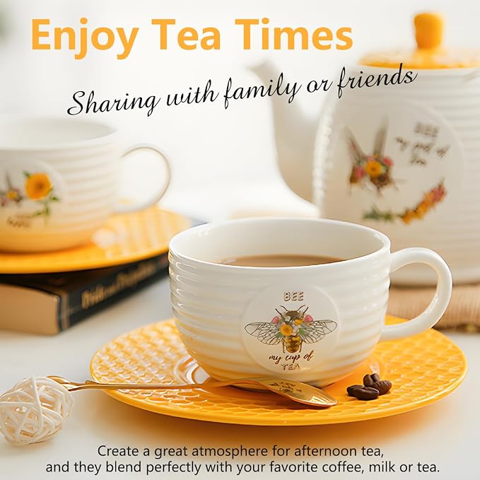 Porcelain Tea Cups and Saucers Set of 2, Honey Bee Pattern Ceramic Tea Cup - Image 6