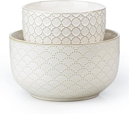 Mikiegy Ceramic Mixing Bowls Set of 2, Nesting Ceramic Embossment Stoneware by MIKIGEY