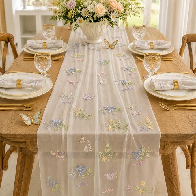 Wildflower Tulle Table Runner Butterfly Floral Wedding Party Home Decor | White - Image 4