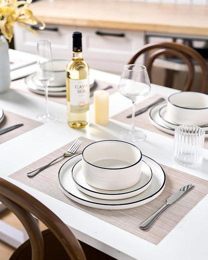 Famiware Porcelain Dinnerware Set, 24-Piece Modern Plate and Bowl Set, dish set for 8, Microwave and Dishwasher Safe Tableware, White with Blue Trim