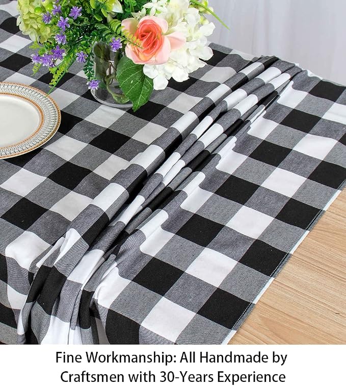 ShinyBeauty 60"x120" Black & White Checkered Tablecloth | Cotton Farmhouse - Image 2