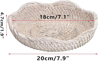 Hipiwe Handwoven Rattan Basket Tray Decorative Key Tray for Entryway Table Handwoven Wicker Storage Bowl for Fruit Bread Candy, Whitewash 7.9 Inch