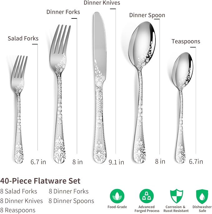 40 Piece Silverware Set, Stainless Steel Flatware Cutlery Set Service - Image 2