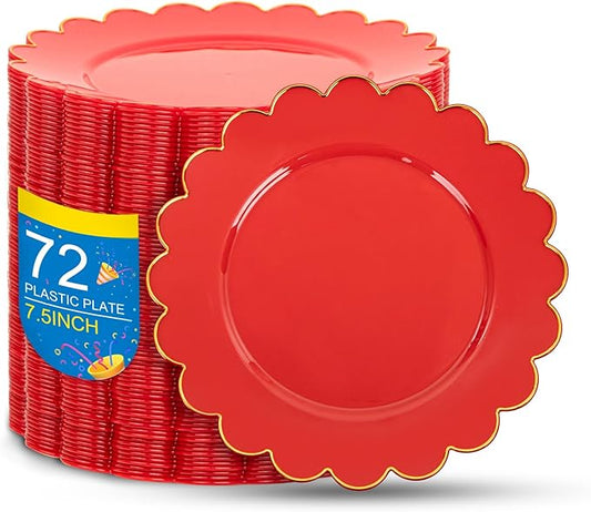 SUT 72Pcs Red Plastic Plates-7.5inch Dessert Plates with Gold Trim, Red Disposable Plates,Fancy plastic plate, Heavy Duty Plastic Plate for Wedding & Parties