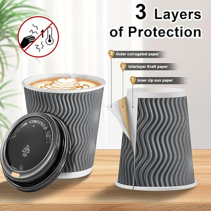 100 Pack 8 oz Disposable Coffee Cups with Lids, Insulated Ripple Wall To-Go Paper Coffee Cups Suitable for Chocolate Cocoa and Hot/Cold Drinks (Grey)