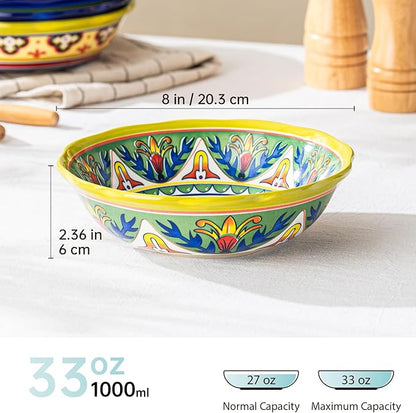 UNICASA Ceramic Pasta Bowls Set, 27 oz Cereal Bowls Set of 4, Porcelain Colorful Bowls for Salad, Soup, Noodle, Boho Style, Dishwasher & Microwave Safe