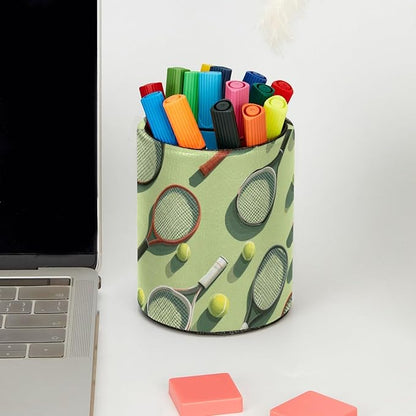 Leather Pen Holder for Desk, Tennis Balls Racket Painted Pencil Cup Pen - Image 5