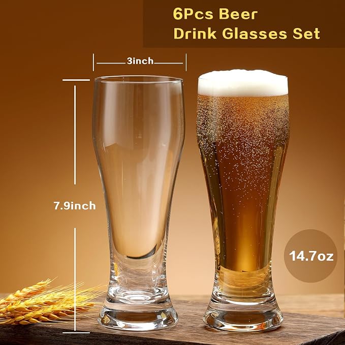 Wlasss Beer Glasses Set of 6, 15 oz Glasses Drinking Set, Craft Pint Glasses - Image 2