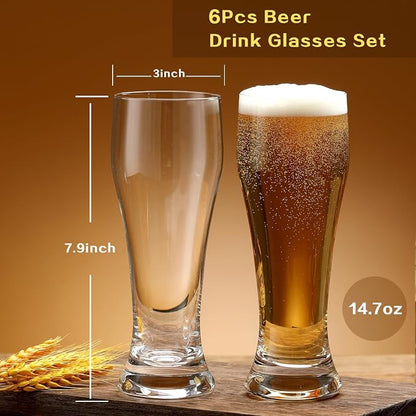 Wlasss Beer Glasses Set of 6, 15 oz Glasses Drinking Set, Craft Pint Glasses - Image 2