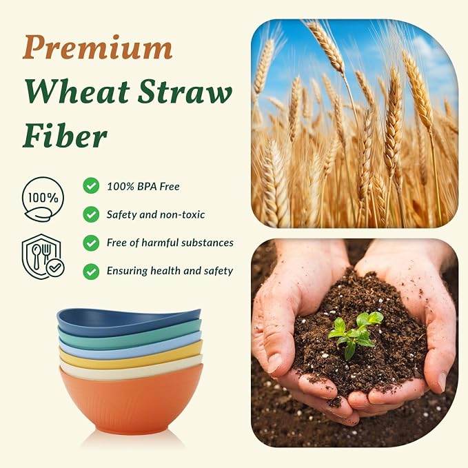 60oz Wheat Straw Bowls Set of 6 Salad Bowls Large Popcorn Bowl Unbreakable - Image 3