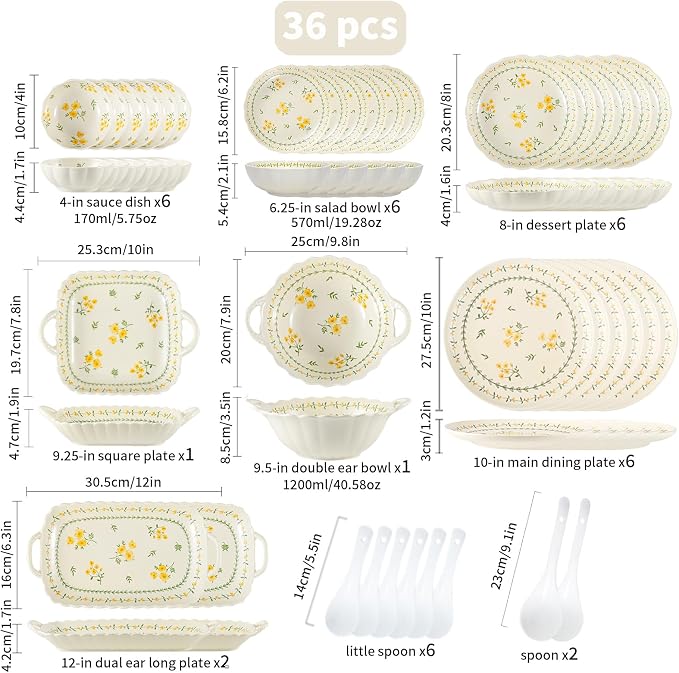 Ceramic Dinnerware Set, Floral Plates and Bowls Sets, Microwave & Dishwasher - Image 3