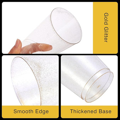 N9R 100PCS 12oz Gold Plastic Cups, Gold Glitter Disposable, Elegant Wedding and Party Cups