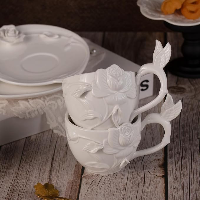 KAMMAK Tea Cups and Saucers Set of 2, 8.5 oz Porcelain Coffee Cups, 566N | - Image 6