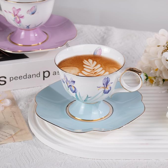 KAMMAK Ceramic Coffee Cups Saucers Set of 2, Porcelain Espresso Cups - Image 3