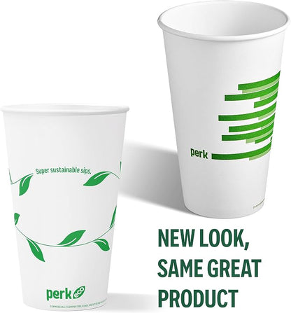 Perk Compostable Paper Hot Cups, 16 oz White/Green, Disposable Coffee Cups - Image 2