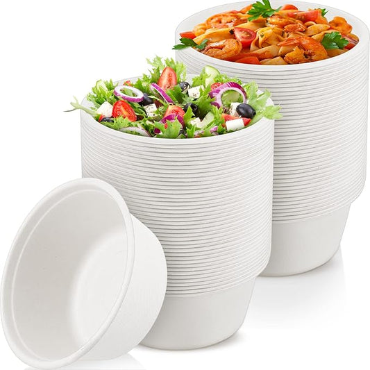 Tessco for you 100 Pack 42 oz Large Disposable Salad Bowls Deep Heavy Duty Paper Bowls Sugarcane Fiber Compostable Biodegradable Microwave Safe for Hot Cold Soup Ramen Popcorn Pasta(White Color)