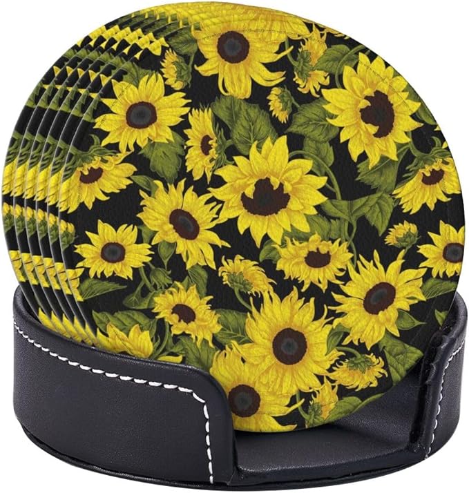 Drink Coasters with Holder Stand Set of 6, Sunflower Pu Leather Absorbent - Image 2