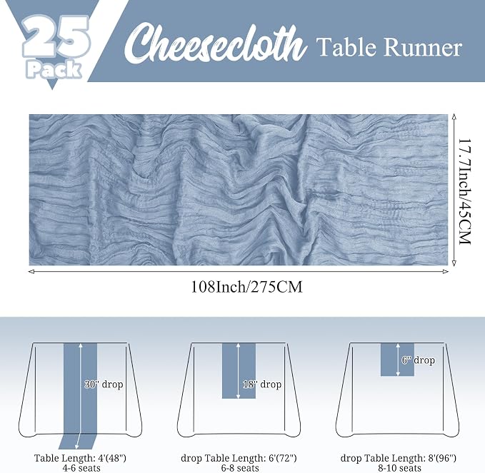 25 Pack Dusty Blue Table Runner 17 x 108inch Cheesecloth Table Runner Boho - Image 2