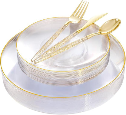 Liacere 150PCS Clear Gold Plastic Plates - Gold Plastic Silverware with Glitter Handle - Clear Disposable Plates Include 30 Guests Plates, Forks, Spoons, Knives for Wedding & Party&Chrismas