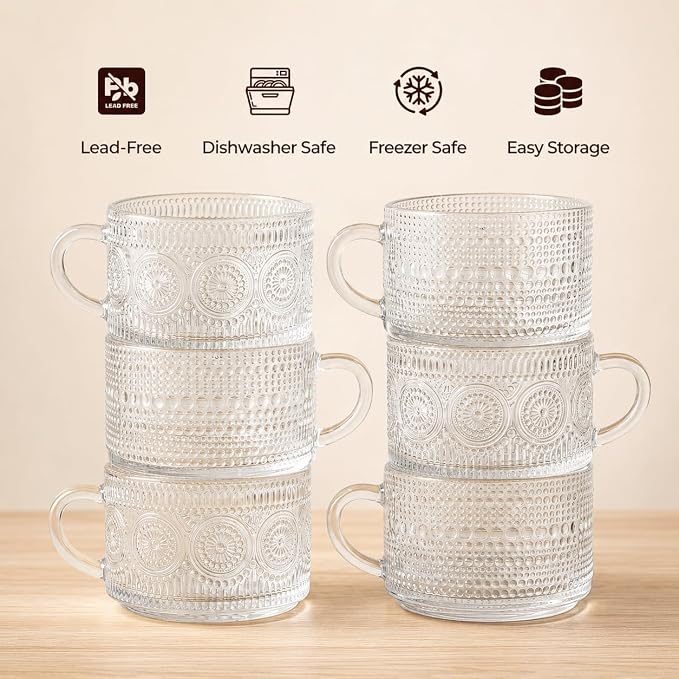 Vintage Coffee Mugs Set of 6, 14 oz Glass Tea Cups - Image 4