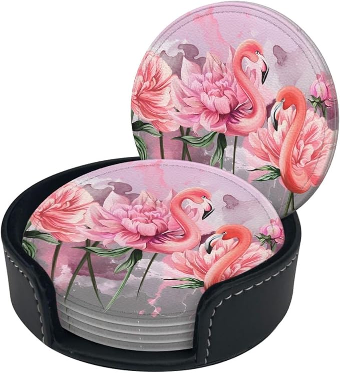 6 Pcs Pink Cute Flamingo Modern Art Boho Leather Coasters - Image 2